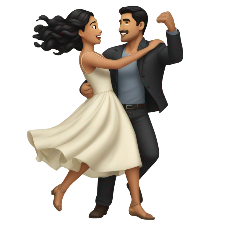 絵文字：黒髪のハンサムなラテン系男性が、ドレスを着た黒髪のラテン系女性をロマンチックに腕の中でキャッチする