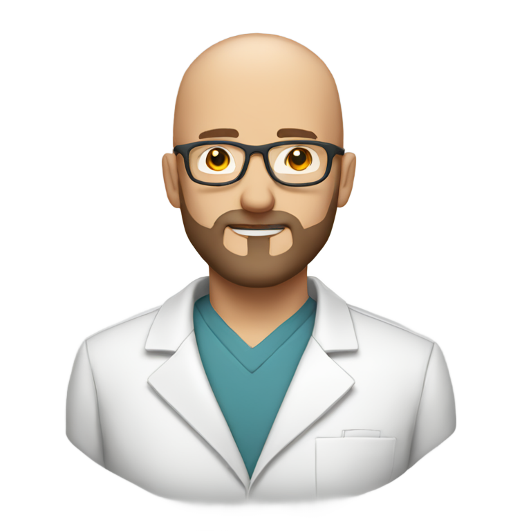 genmoji : Le médecin est un homme en blouse blanche, chauve, portant des lunettes rondes et une courte barbe.