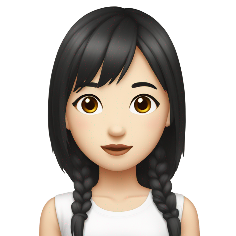 genmoji : Fille asiatique à la peau claire, cheveux noirs longs et raides avec une frange, yeux marron foncé, maquillage naturel, porte un haut blanc.