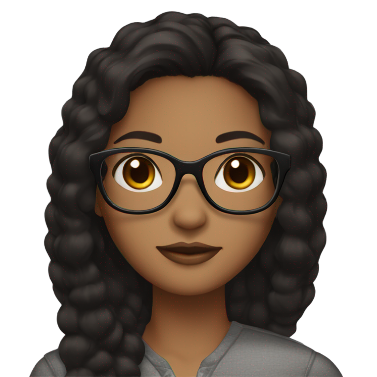 genmoji : Fille à la peau brune avec des lunettes noires, des cheveux noirs mi-longs en couches et des yeux noirs.