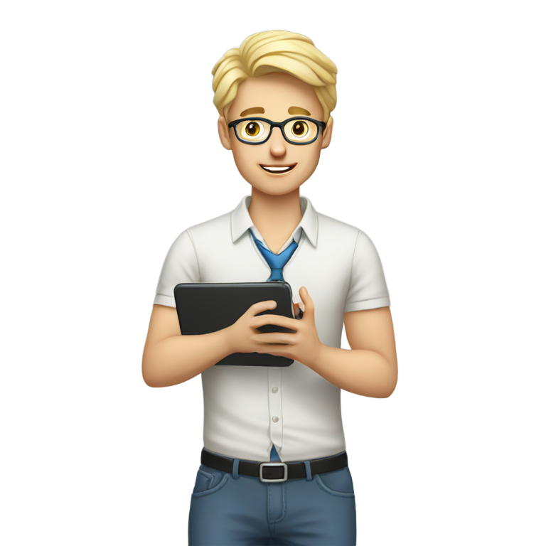 genmoji : Jeune homme blond, enseignant, avec un iPhone et un ordinateur