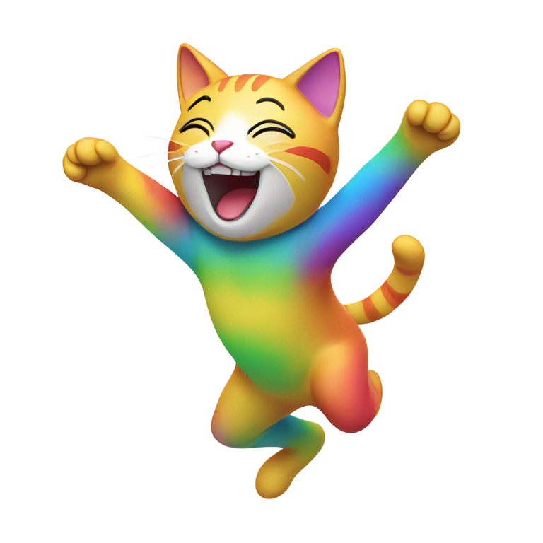 絵文字：虹色の猫が喜びで跳び上がり、目を閉じて大きな笑顔を浮かべています。