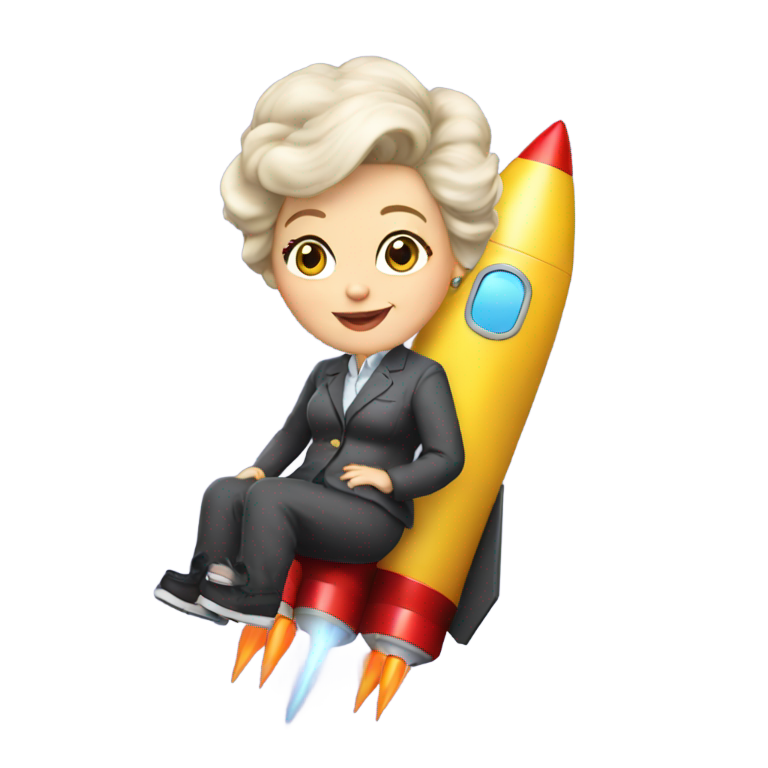 genmoji : Une grand-mère blonde aux cheveux courts, en tailleur-pantalon, est assise sur une grande fusée de lancement inclinée.