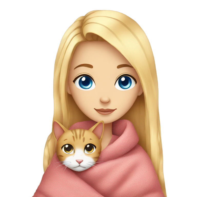 genmoji : Fille aux yeux bleus avec un chat et une couverture, ambiance cozy