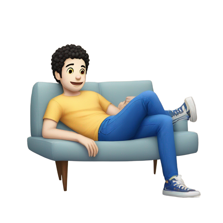 genmoji : Samm Levine en short bleu assis sur le canapé