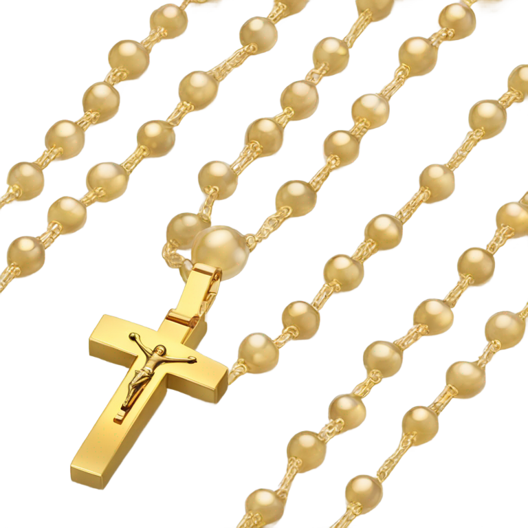 genmoji: realistic, well defined, clear, golden rosary chain in Apple iOS emoji style, round beads with soft shine, small crucifix pendant, 3D rounded soft shading,