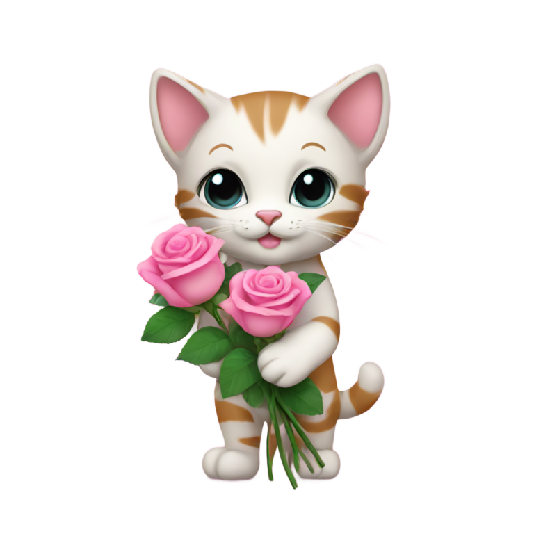 genmoji : Mignon prince chaton tenant un bouquet de roses roses