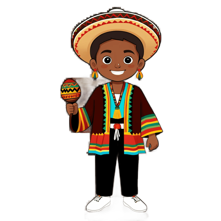 genmoji : Garçon à la peau moyennement foncée avec des cheveux noirs, vêtu de vêtements traditionnels mexicains, tenant des maracas.