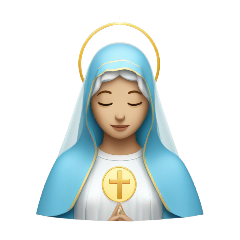 genmoji: Virgin Mary  with smooth sky-blue robe, white veil, small golden halo, close up
