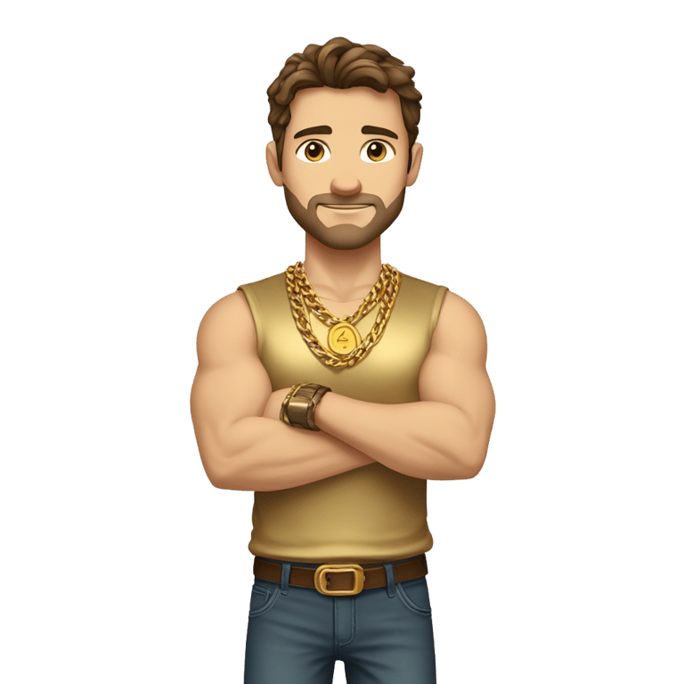 genmoji：棕发强壮白人男性，无胡须，金色衬衫，多条金链，金腕带，交叉双臂