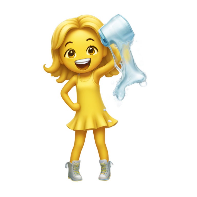 genmoji：快乐女孩穿着剪裁连衣裙，吐舌头，被黄色骨头喷水入嘴