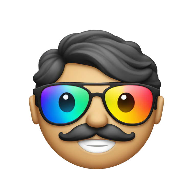 genmoji: gay pride version of the emoji in disguise wearing a mustache, thick eyebrows and glasses. But also rainbow and gay