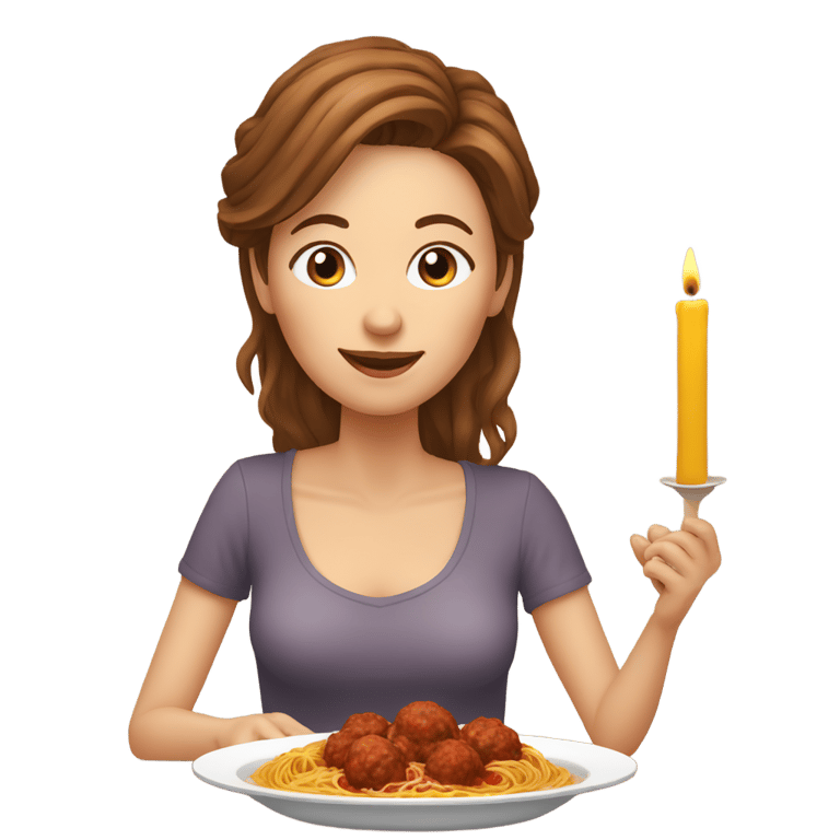 genmoji: brown hair white woman eating spaghetti and meatballs at a table with candles