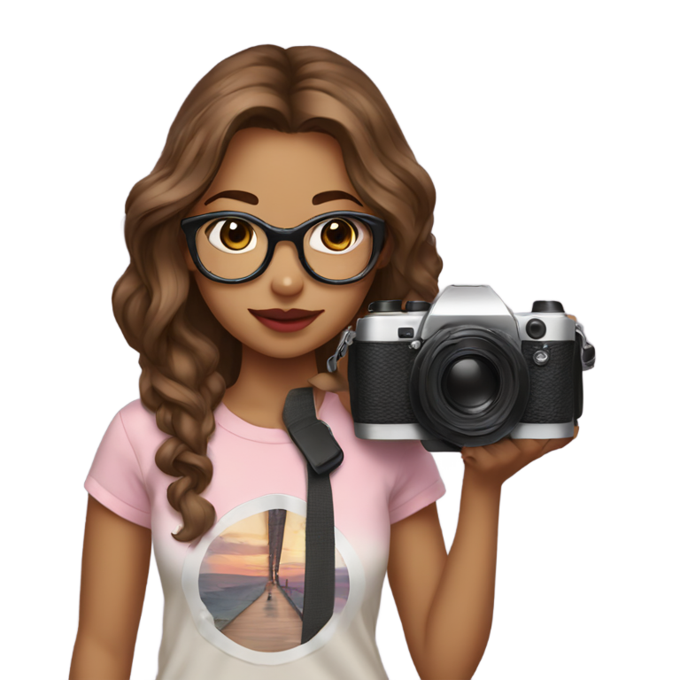 genmoji：一个戴眼镜、棕色皮肤、涂着粉红色唇膏的女孩，穿着音乐主题T恤，留着长长的棕色波浪狼切发型，手持相机。