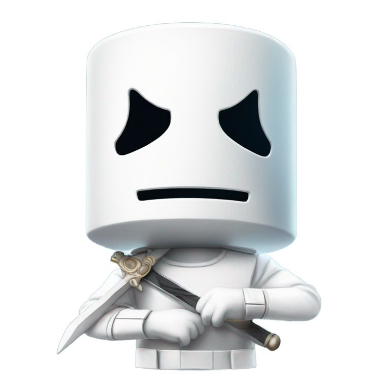 genmoji：Marshmello with star eyes that are closed and one of them are winking and he has a hand holding a sword