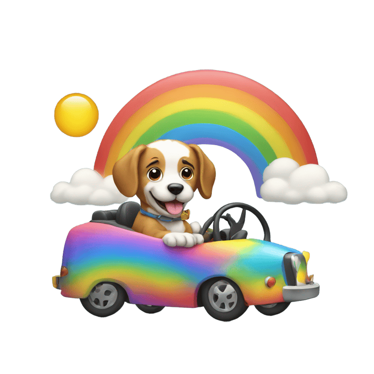 genmoji : Chien arc-en-ciel conduisant une voiture