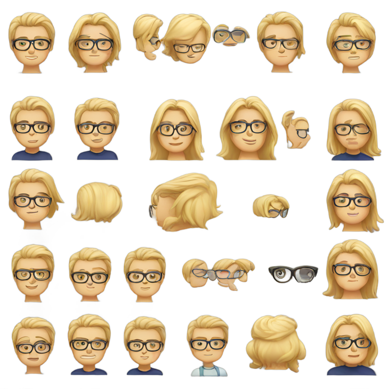 genmoji : Kipton, un homme avec beaucoup de cheveux blonds raides et un enfant portant des lunettes, en une seule personne.