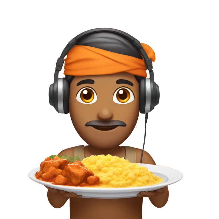 genmoji : Indien avec une assiette de poulet au beurre et un casque sur la tête