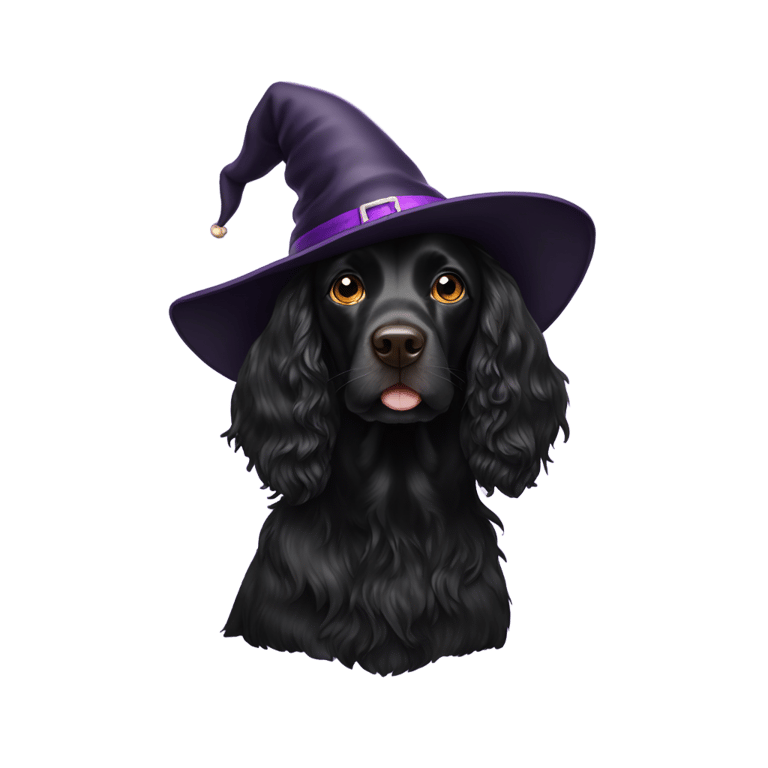 絵文字：A black sprocker spaniel with a witches hat