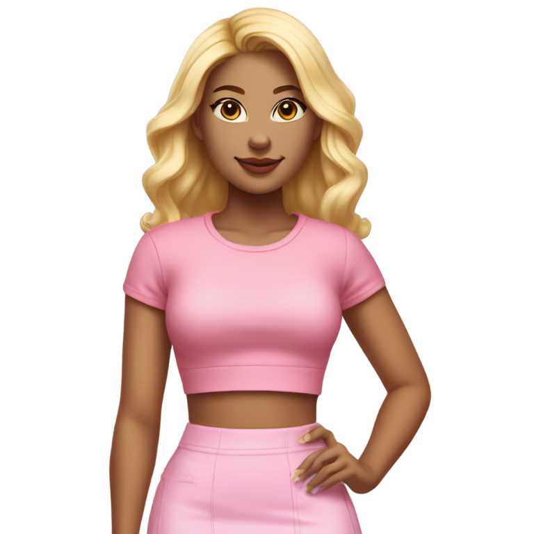 genmoji: Lady wearing pink mini skirt and pink crop top with light skin and blonde hair In middle part full body