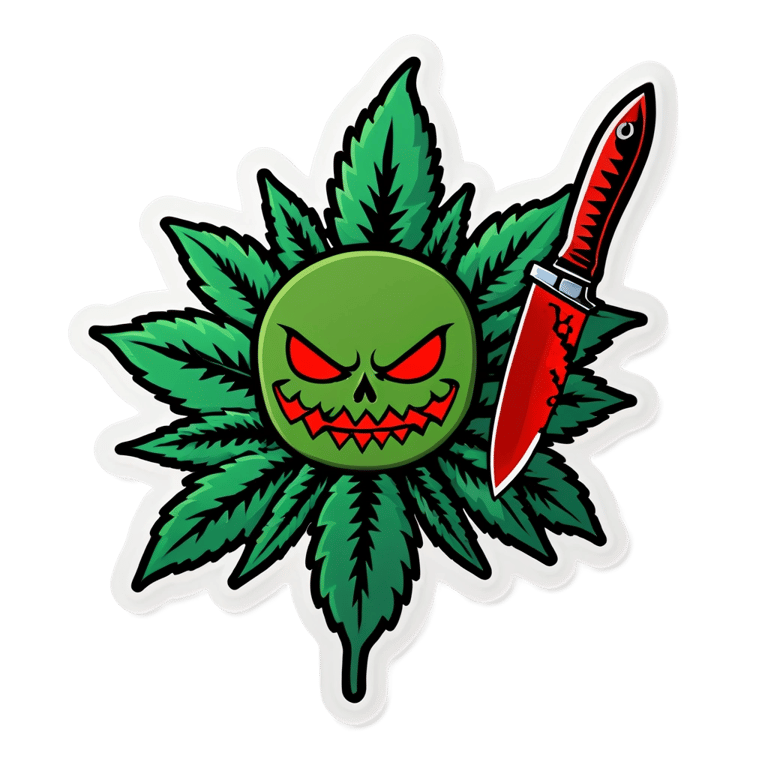 genmoji : Fleur de marijuana maléfique avec un visage et un couteau ensanglanté à la main