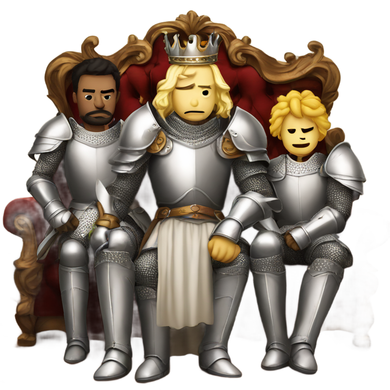 genmoji: 5 knights in white standing behind a king on a sofa, make the king sad but the nights grinning