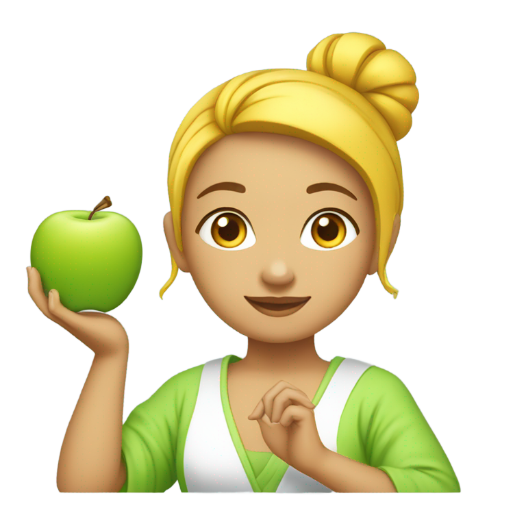 絵文字：アップルグリーンのワンシーツを着た、黄色の髪が頭に丸く結ばれた女性。肌はやわらかで、蓮座位になって両手で上方へ青いエネルギー球を作り出しています。