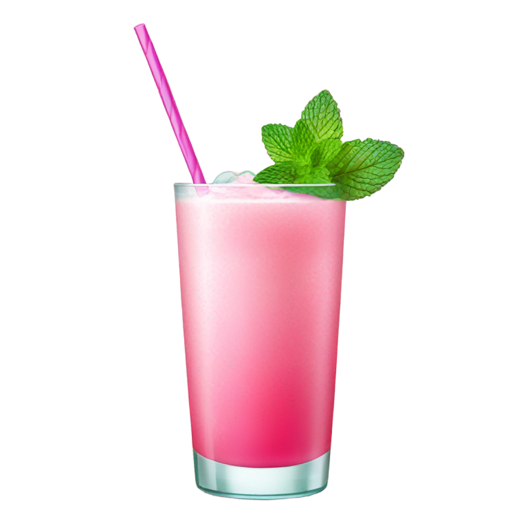 genmoji: Pink frozen daiquiri in a tall glass with a sprig of mint on top and one pink straw
