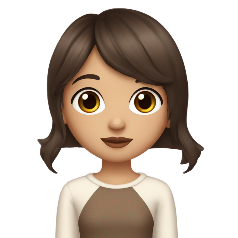 genmoji : Une fille à la peau légèrement bronzée, avec de longs cheveux raides brun foncé, une frange rideau, un nez fin et haut, des yeux brun foncé, un visage ovale, de jolis cils, des lèvres de taille normale avec un arc de Cupidon marqué.