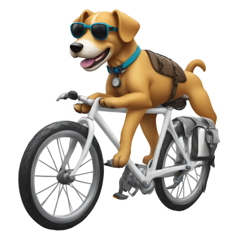 genmoji: a dog riding bike with riding gears and sunglasses