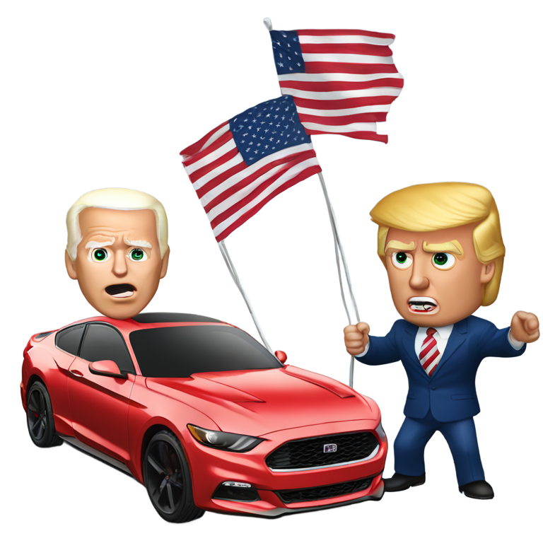 genmoji：唐纳德·特朗普和乔·拜登站在一辆2022款白色本田雅阁运动版车顶上争论，手持美国国旗，周围一辆福特野马在他们身边打圈漂移。