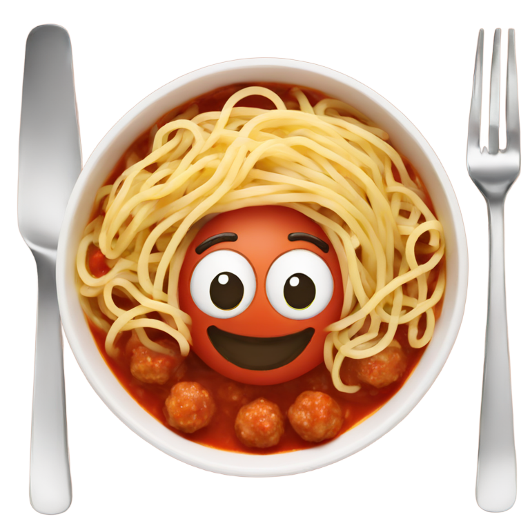 genmoji : Spaghetti dans un bol avec sauce tomate et boulettes de viande