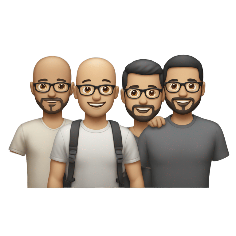 genmoji：三个男生围坐在桌子旁，享受着生日蛋糕。其中一个光头戴着眼镜，另一个留着胡子，黑发戴着眼镜，第三个光头戴着帽子。