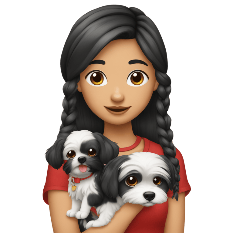 絵文字：crie uma menina de cabelos escuros com seu cachorro shitzu preto e bandana vermelha