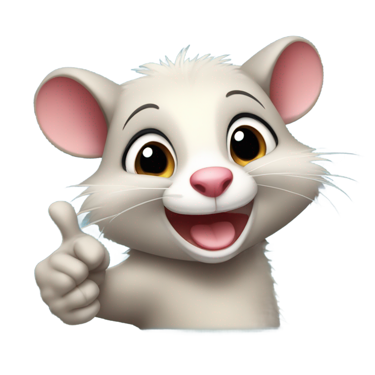 genmoji : Opossum de style cartoon, séducteur, faisant un pouce en l'air avec un clin d'œil complice et un sourire.