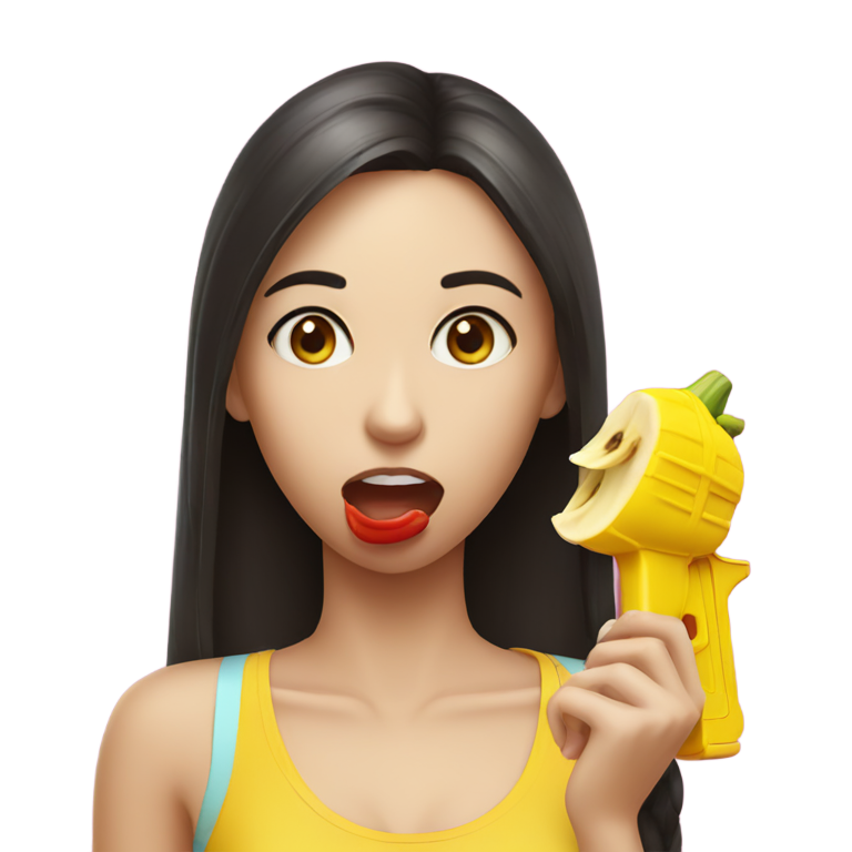 絵文字：水鉄砲で顔を撃つ、皮をむいたバナナを狂ったように食べる女の子