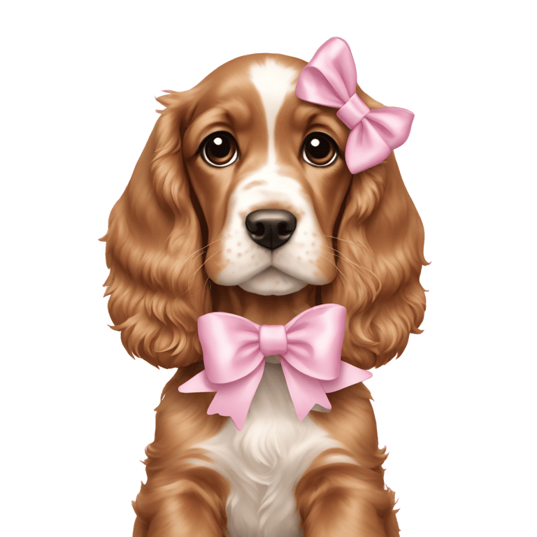 genmoji: English Cocker Spaniel puppy with a light pink bow on his ear