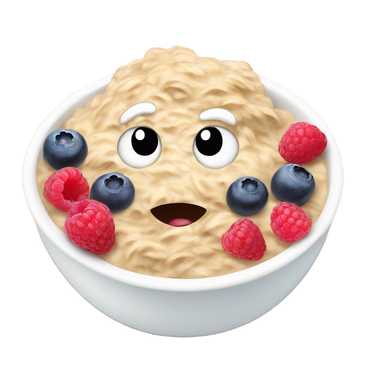 genmoji：oatmeal in a white bowl with raspberries and blueberries