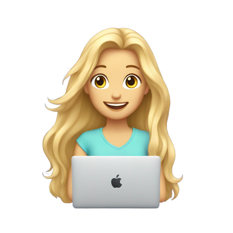 genmoji : 🌈 Couleur pastel. Fille blanche aux cheveux longs et au sourire joyeux assise derrière son MacBook.