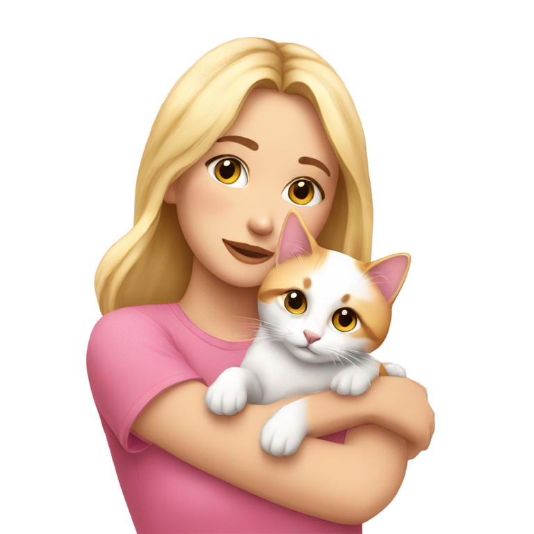 genmoji : beautiful girl with blonde hair in pink rich t-shirt hugging a calico cat