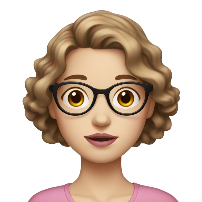 genmoji : Fille aux cheveux bruns ondulés, portant des lunettes, peau très claire, lèvres roses.