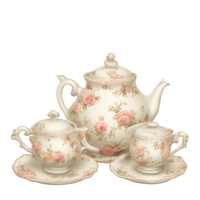 genmoji : Vintage-style rococo floral teapot and cups