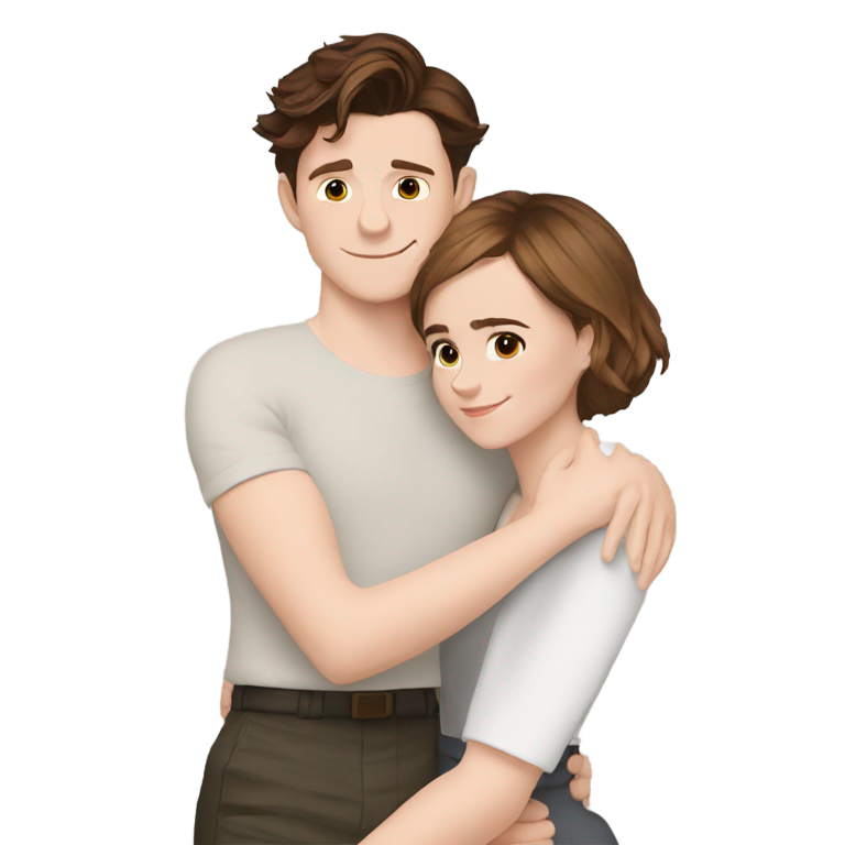 genmoji : Tom Holland adulte, avec une coupe très courte, embrasse Emma Watson adulte.