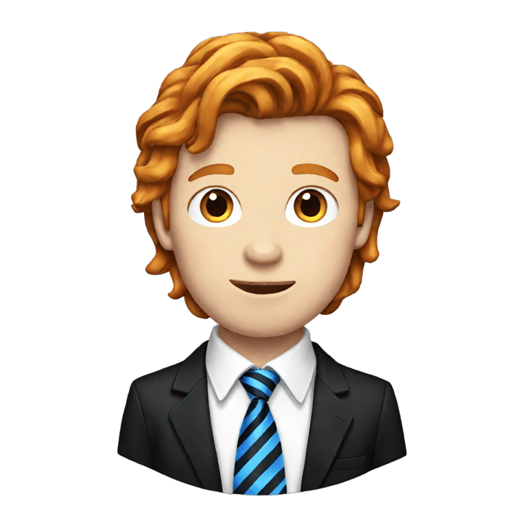 genmoji : Ado britannique roux avec une cravate bleue à rayures, une chemise blanche, une veste noire et des cheveux raides avec une raie sur le côté.