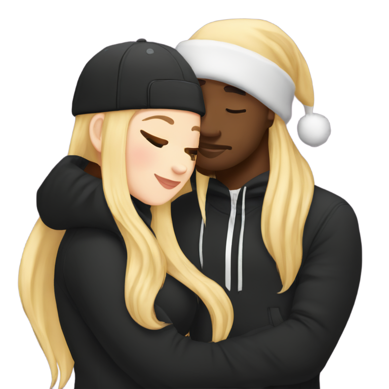 genmoji : Mignonne fille blanche aux cheveux blonds longs et raides, en survêtement noir, embrassant un homme noir portant un chapeau de Noël.