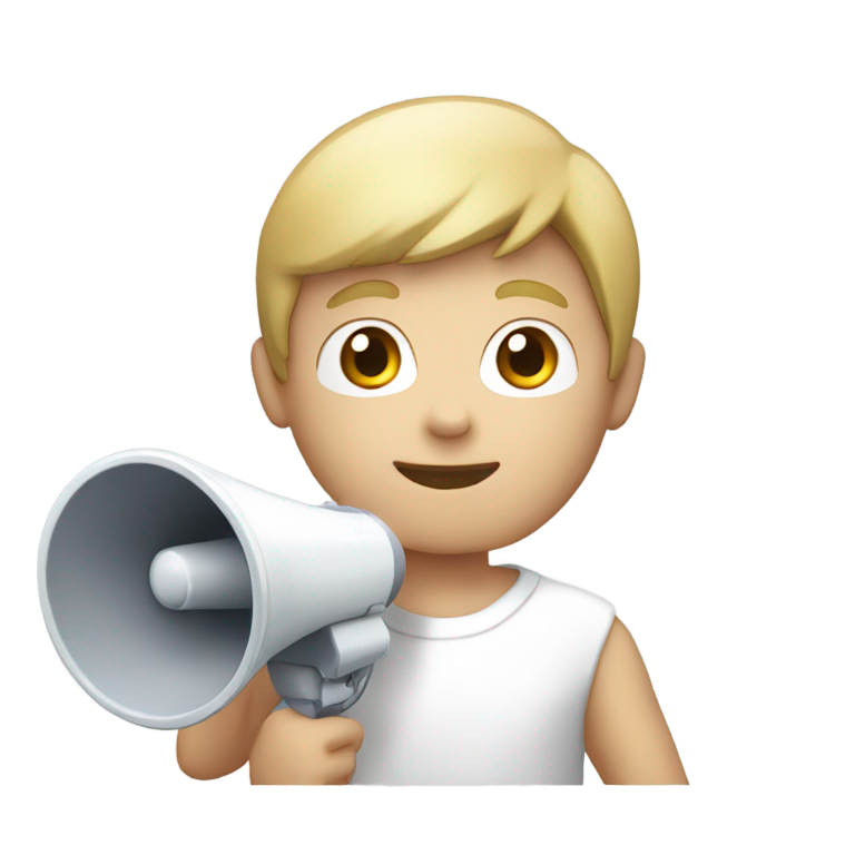 genmoji : Garçon à la peau claire tenant un mégaphone, vue de face, demi-corps