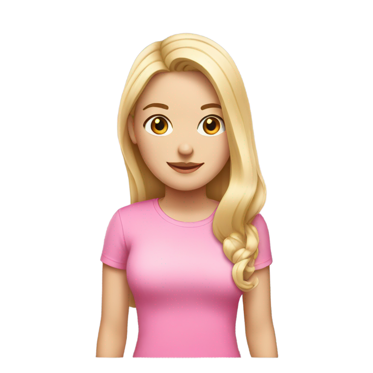 genmoji: White girl wearing pink shirt that does not fully cover her top with black hair that is dyed blonde