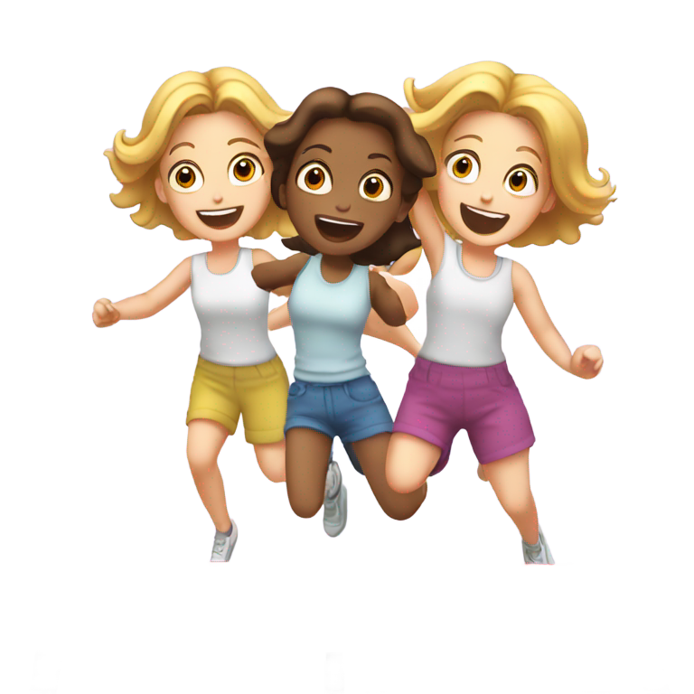 絵文字：3人の白人少女、2人が笑顔、1人が怒っている。トランポリンで跳んでいる。