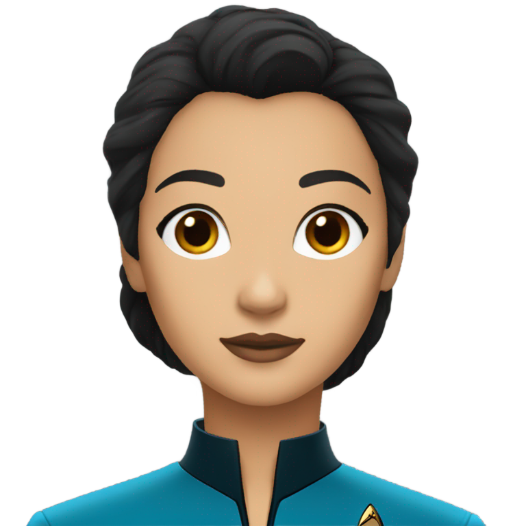 genmoji：《星际迷航》女性角色身穿蓝色制服，黑色头发凌乱，棕色眼睛。
