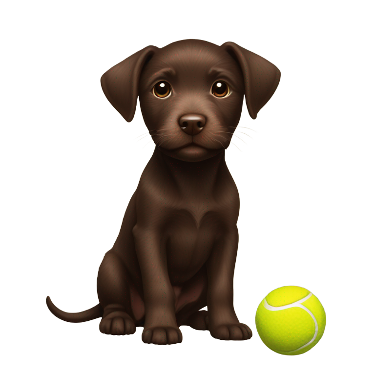 genmoji : Chiot terrier patterdale chocolat avec une balle de tennis dans la bouche